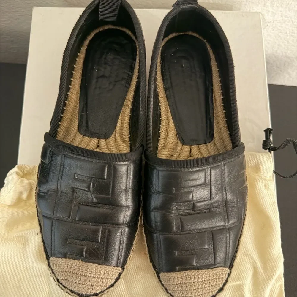 Fendi Black Leather FF Espadrille Flats Logo Jute Sole Size 36